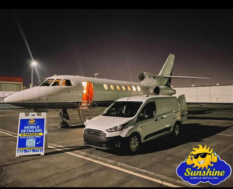Sunshine Detailing van servicing private jet